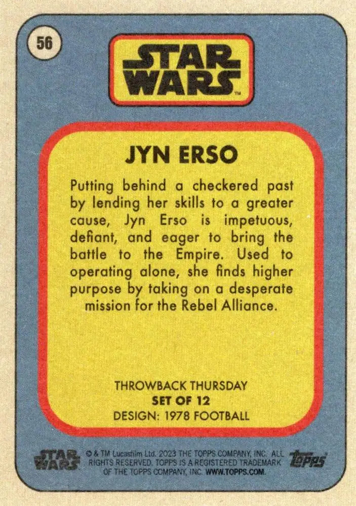 Star Wars trading card of Jyn Erso from Star Wars Throwback Thursday 2023 collection