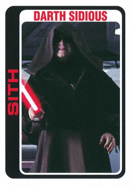 Sith character Darth Sidious with red lightsaber on Star Wars trading card 2023