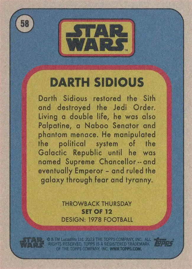 Star Wars trading card featuring Darth Sidious from 1978 Football series