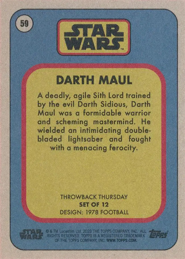 Star Wars Throwback Thursday collectible card featuring Darth Maul from 1978 Football