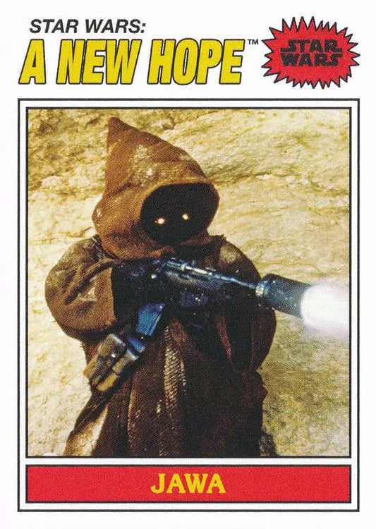 Jawa with blaster rifle and glowing eyes on Star Wars Topps Baseball trading card