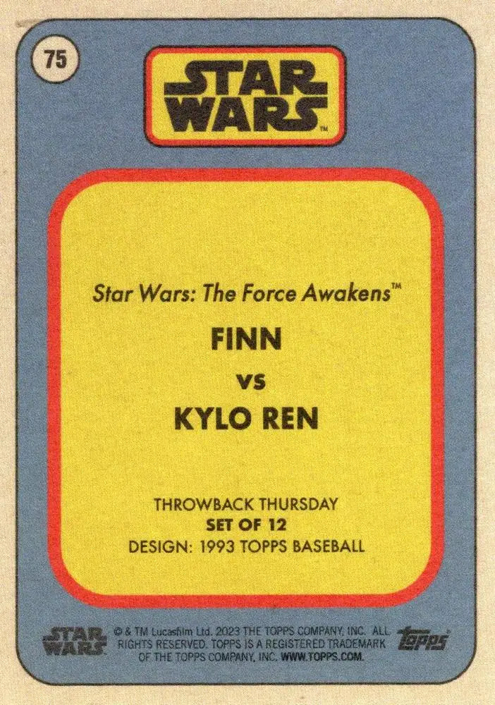 Trading card featuring Star Wars characters Finn and Kylo Ren in 1993 Topps baseball card style