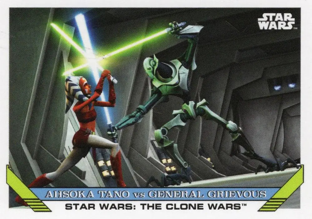 Trading card showcasing Star Wars duel between Ahsoka Tano and General Grievous