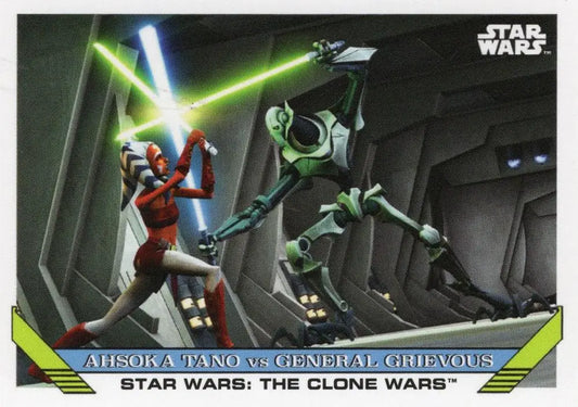 Trading card showcasing Star Wars duel between Ahsoka Tano and General Grievous
