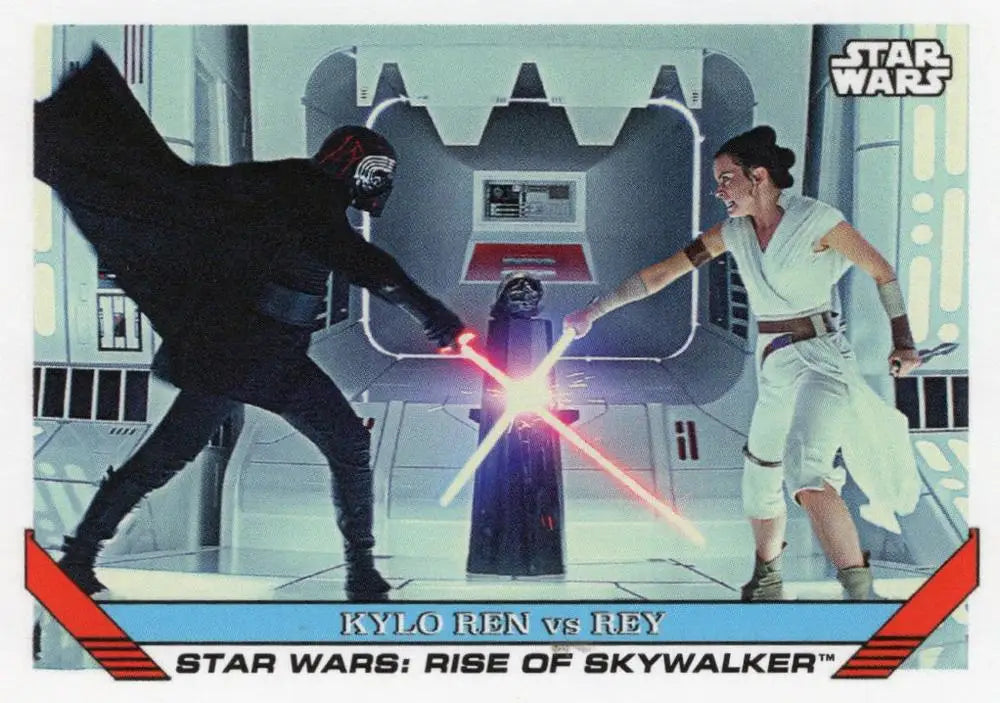 Star Wars Throwback Thursday trading card featuring Kylo Ren vs Rey lightsaber duel scene