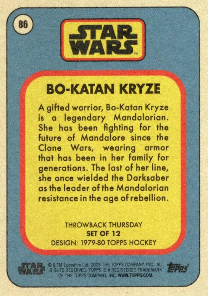 Star Wars trading card Bo-Katan Kryze Topps Hockey Throwback Thursday 2023 Card #86