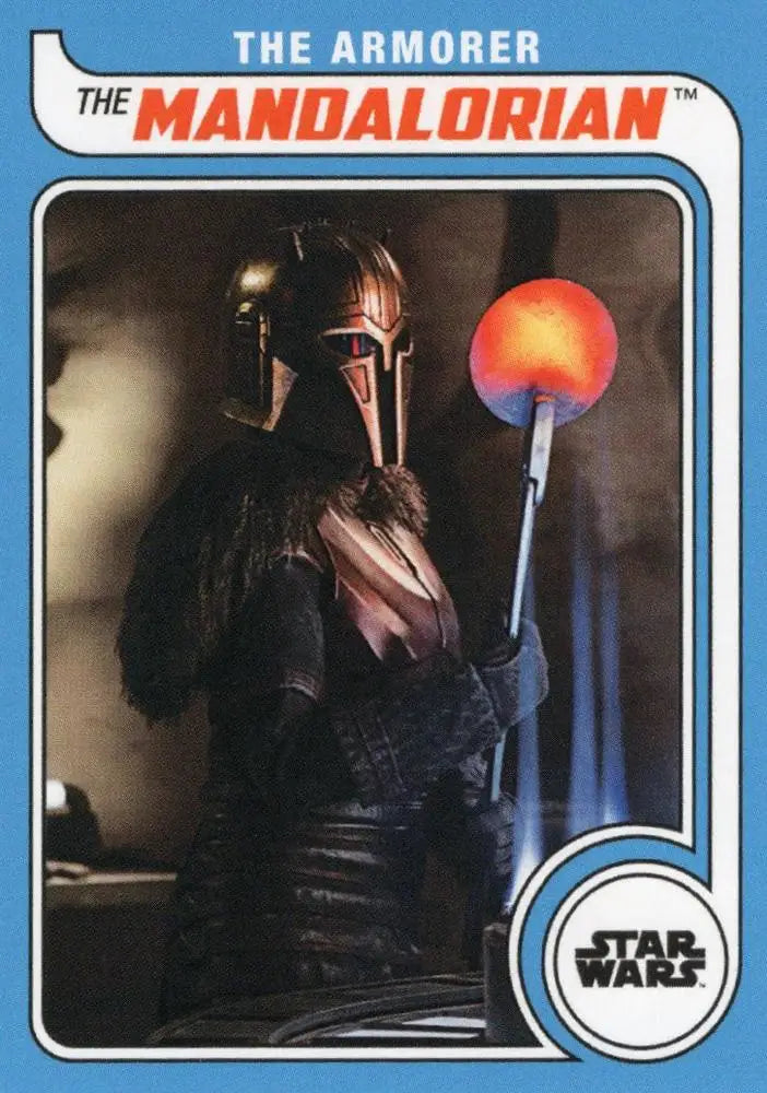 Armored figure in Mandalorian-style helmet holds glowing staff, Star Wars Topps Hockey card