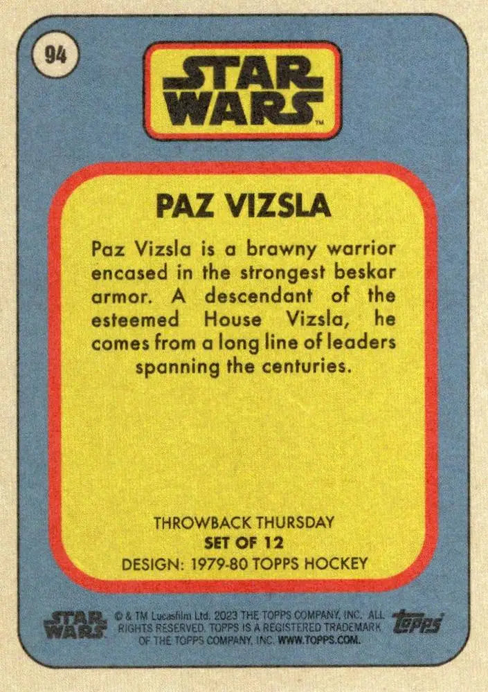 Star Wars trading card for character Paz Vizsla from Topps Hockey 2023 Throwback Thursday
