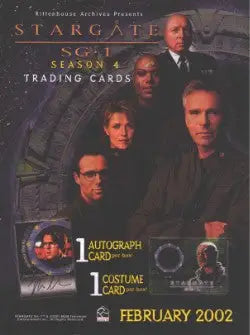Promotional sell sheet for Stargate SG-1 Season 4 trading cards with cast portraits