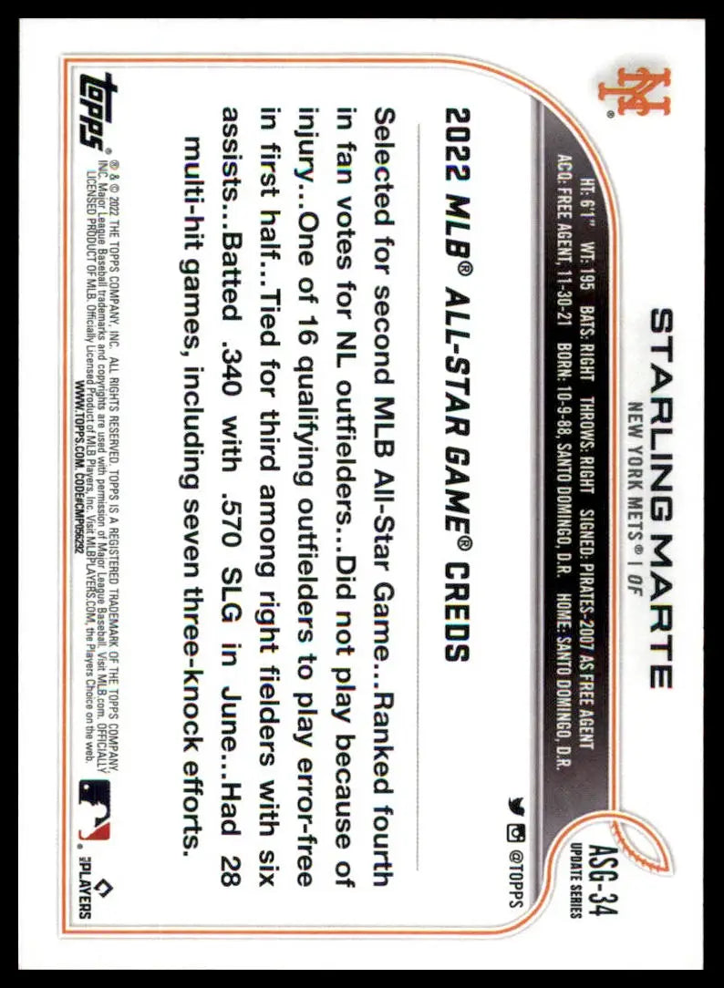 Back of Starling Marte 2022 Topps Update MLB All-Star Game baseball card
