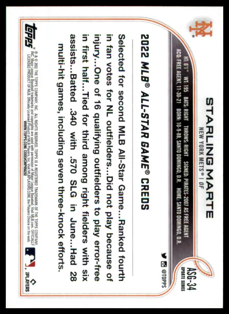 Baseball card back of Starling Marte 2022 Topps Update MLB All-Star Game #ASG-34