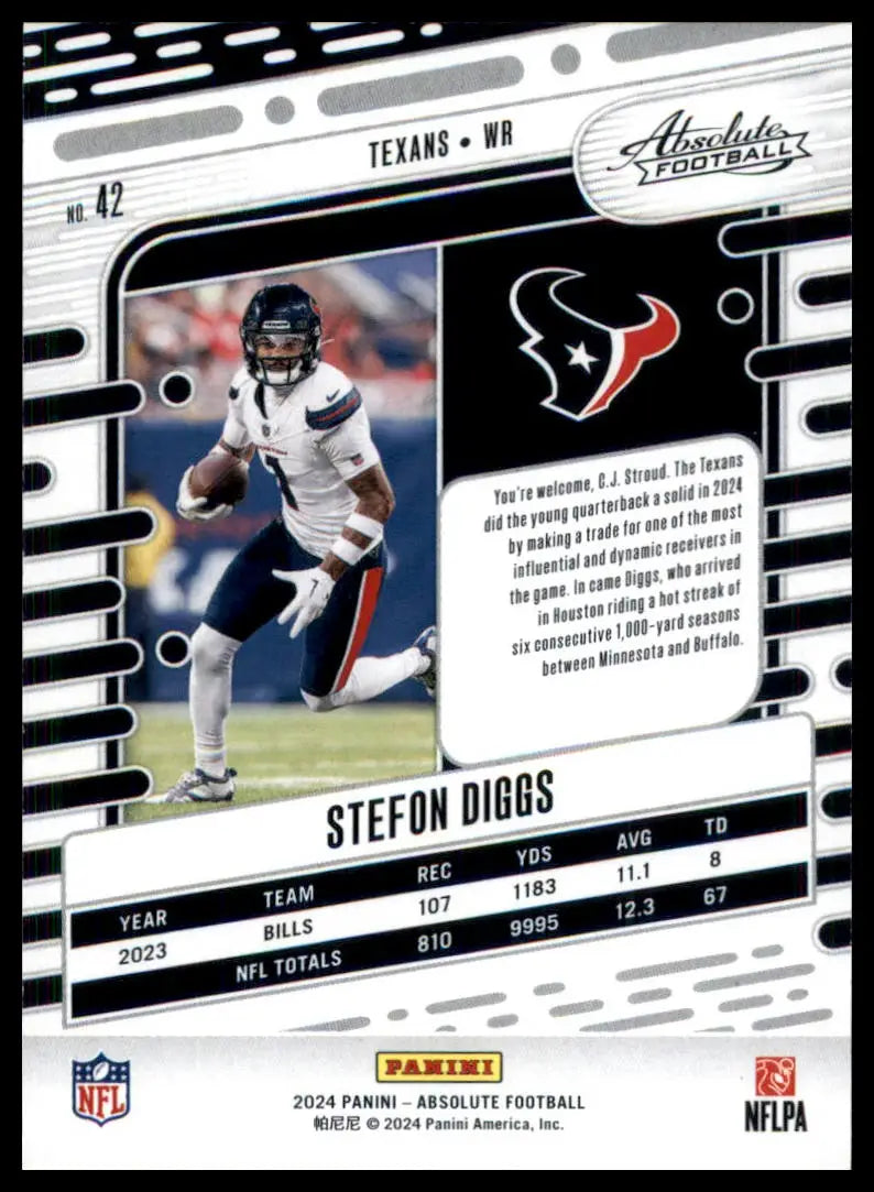 Stefon Diggs football trading card from Panini Absolute 2024 with stats and team logo