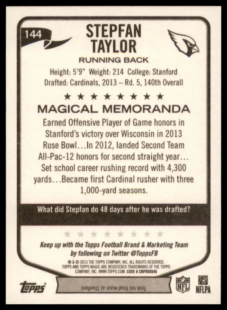 Back of a Topps Magic football trading card featuring Stepfan Taylor Arizona Cardinals