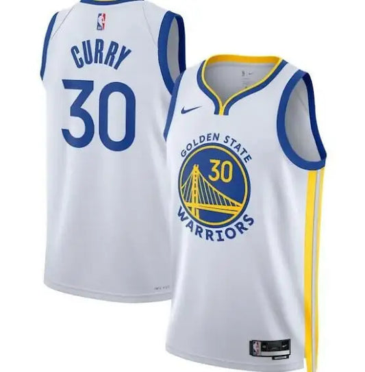 White Golden State Warriors Stephen Curry Nike Swingman Jersey with team logo and Curry 30 on back
