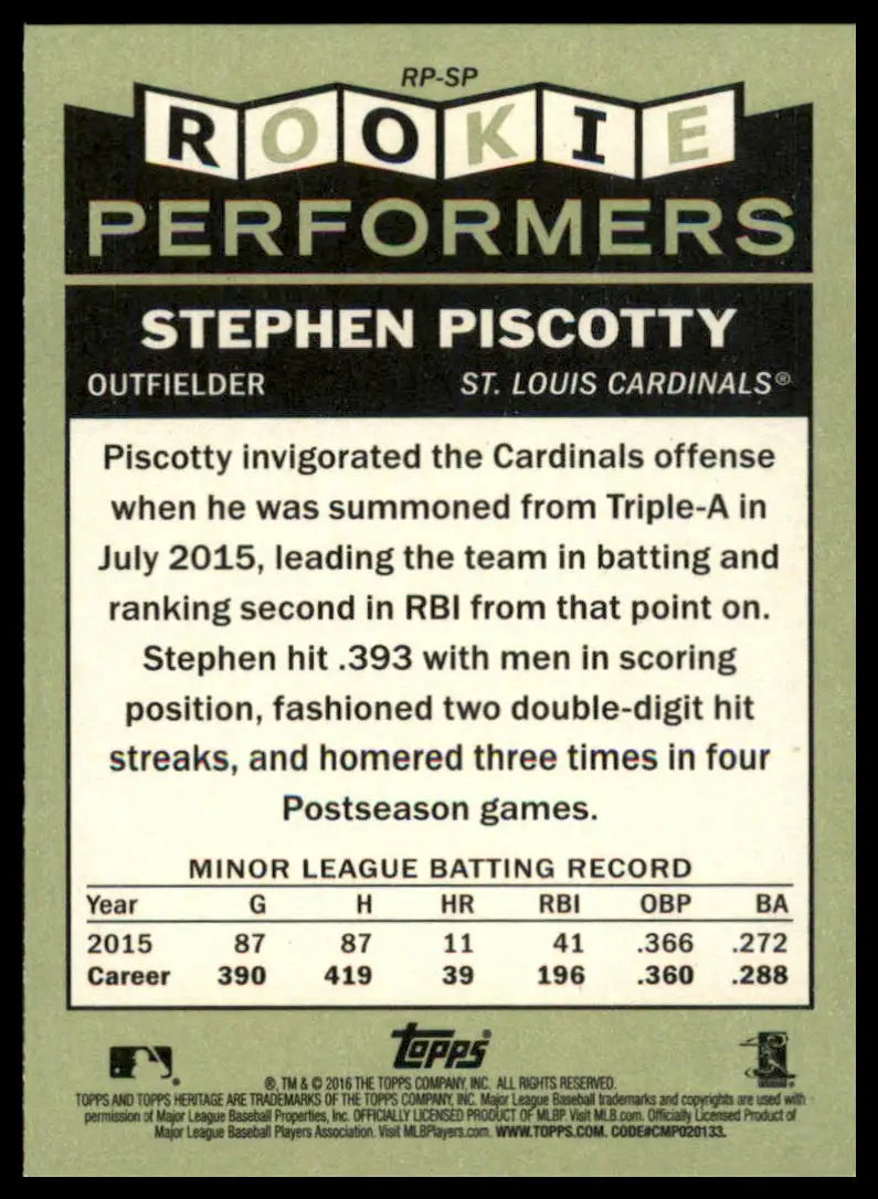 Stephen Piscotty baseball card from Topps Heritage 2016 Rookie Performers series