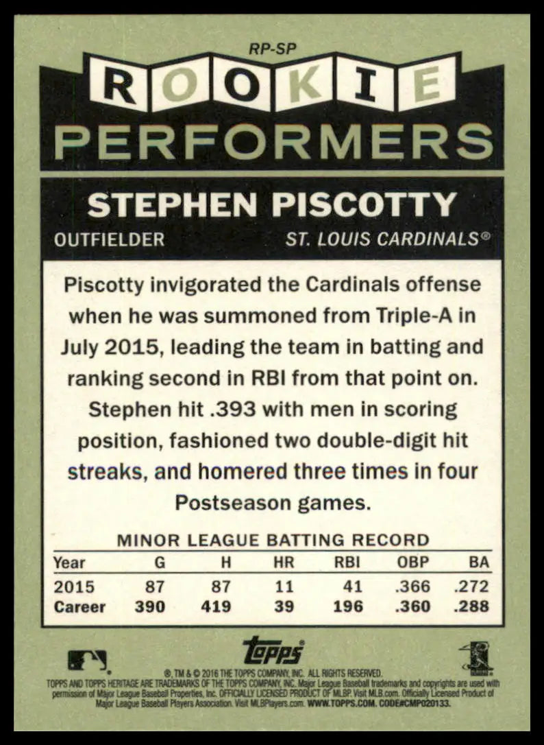 Stephen Piscotty 2016 Topps Heritage Rookie Performers baseball card front display