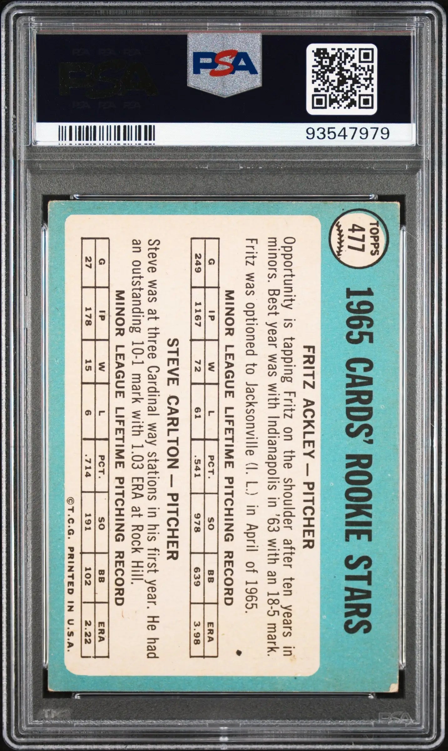 Steve Carlton 1965 Topps #477 PSA 4 VG-EX baseball card with light blue back statistics