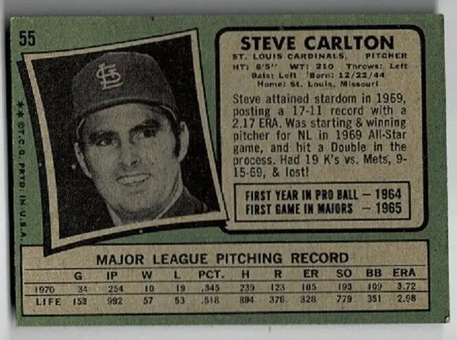 Vintage Steve Carlton baseball card from 1971 Topps with a cyan overprint error