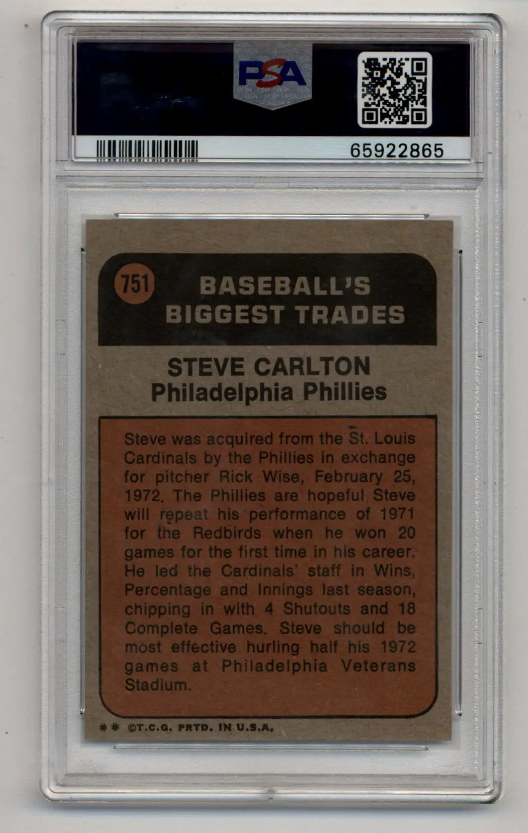 PSA-graded Steve Carlton 1972 Topps Traded card highlighting his trade to the Phillies