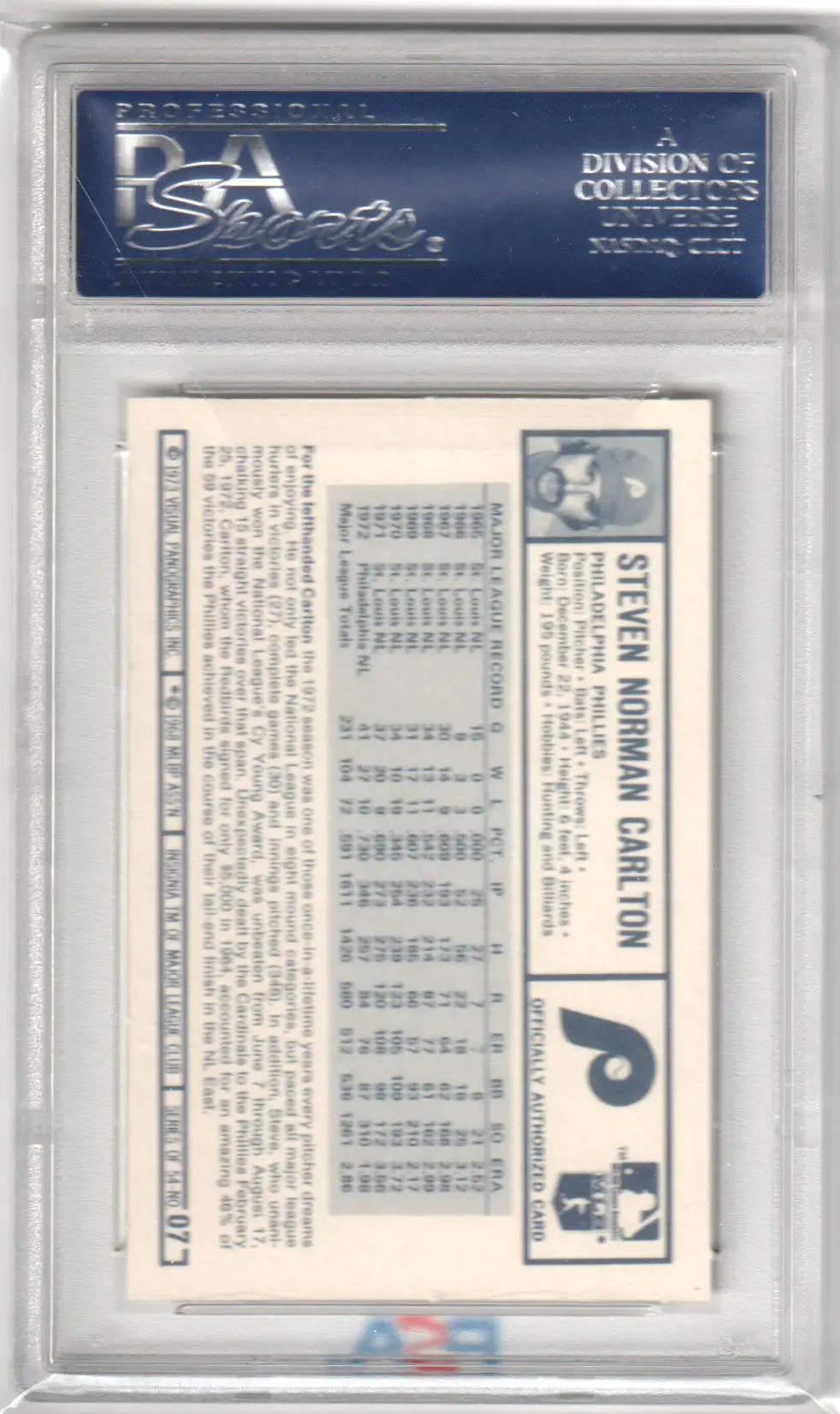 Graded Steve Carlton 1973 Kellogg’s Pro Stars baseball card from Columbia Hobby