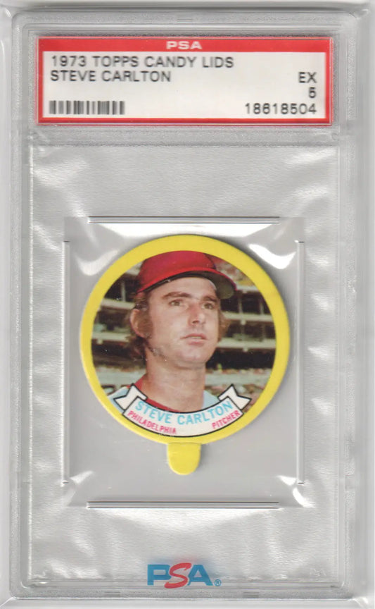 Graded Steve Carlton 1973 Topps Candy Lids baseball card from Columbia Hobby