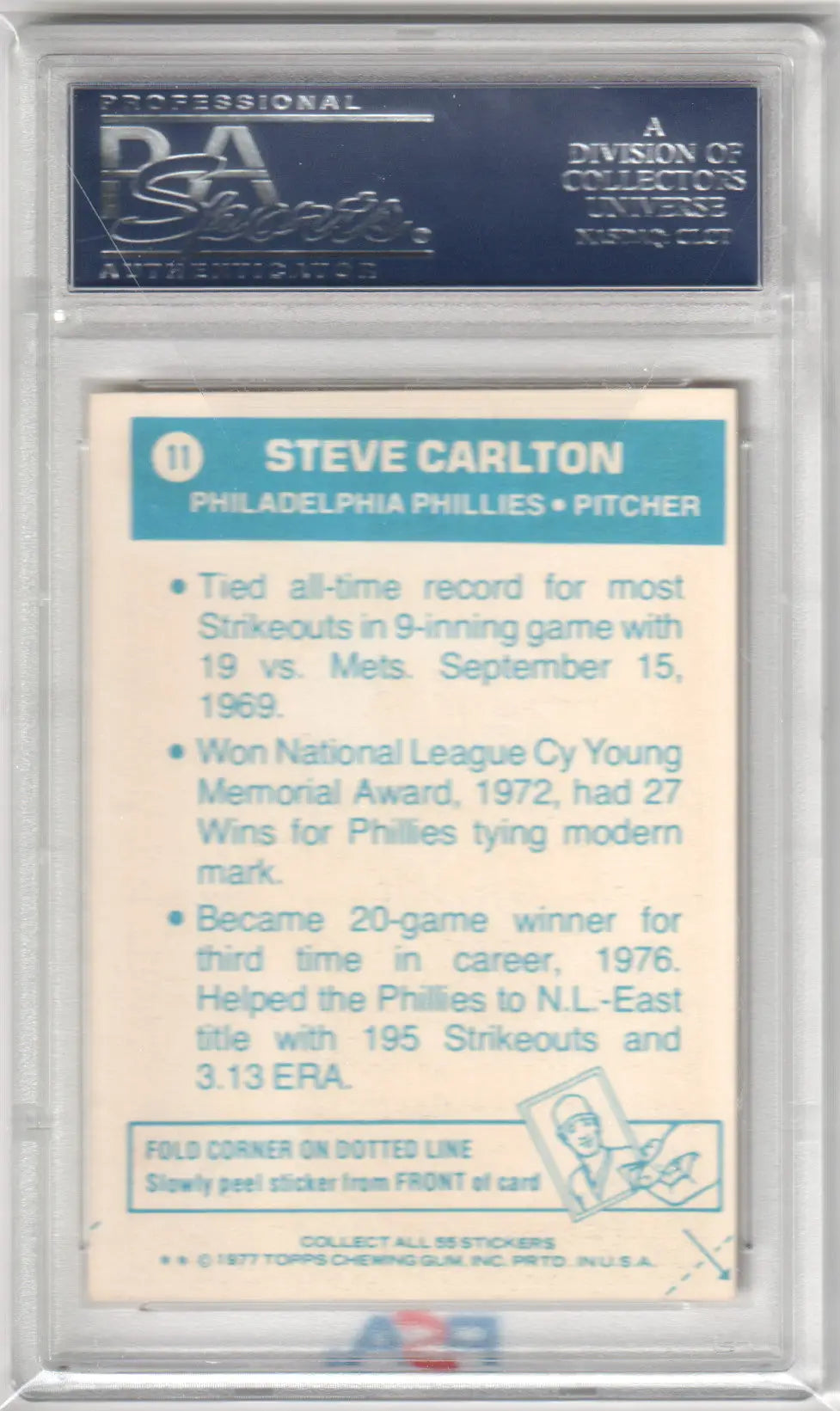 Graded Steve Carlton baseball card from Topps Cloth Stickers collection at Columbia Hobby
