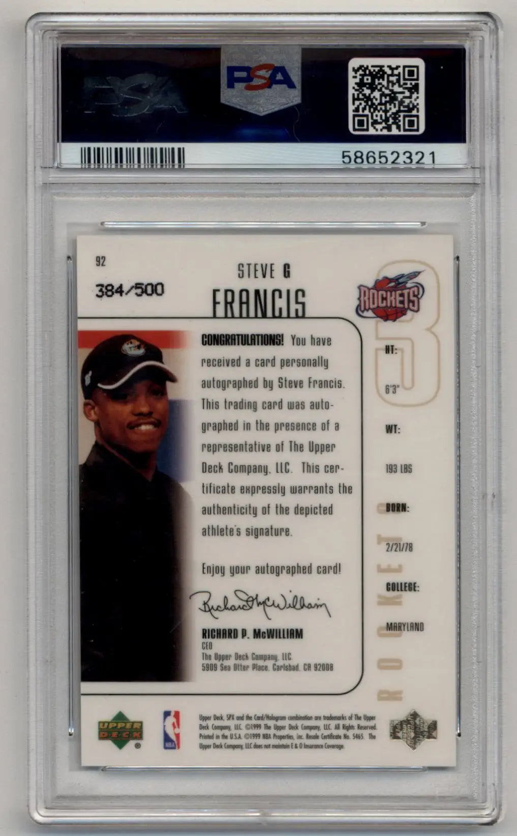 Graded Steve Francis autographed SPx Auto trading card from 1999-00 season