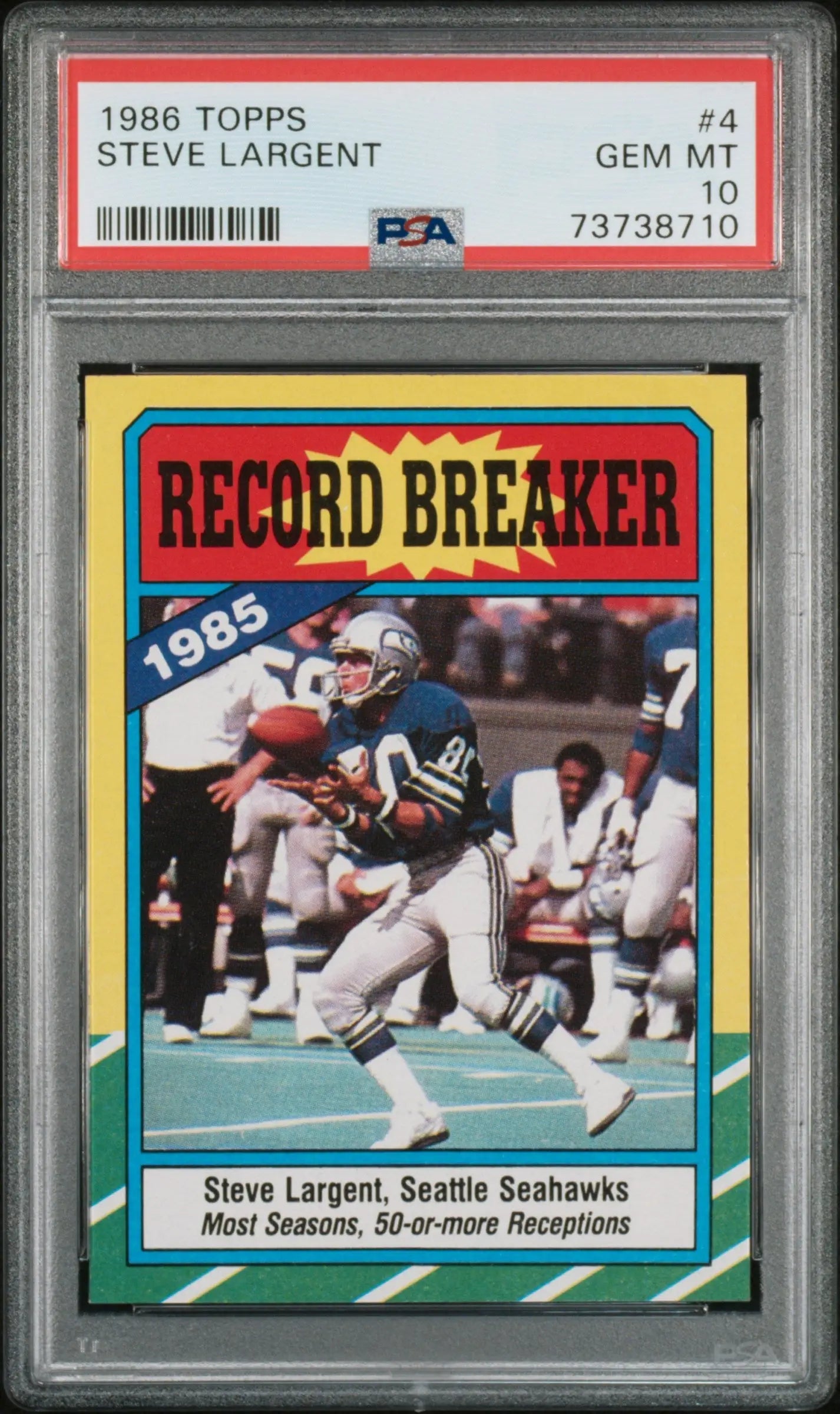PSA-graded Steve Largent 1986 Topps Record Breaker football card in gem mint case