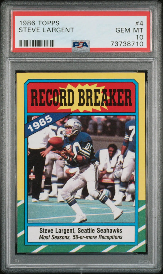 PSA-graded Steve Largent 1986 Topps Record Breaker football card in gem mint case