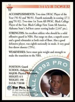Steve Rogers basketball card from Star Pics 1992 featuring Steve Rogers Alabama State Hornets