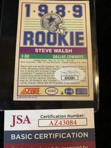 Steve Walsh 1989 Score Rookie #438S Auto Card Dallas Cowboys JSA Certified Authentic