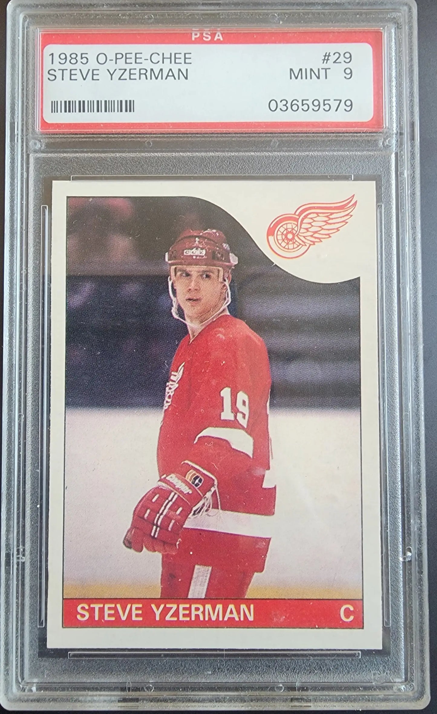 Graded 1985 O-Pee-Chee Steve Yzerman trading card in PSA 9 Mint condition