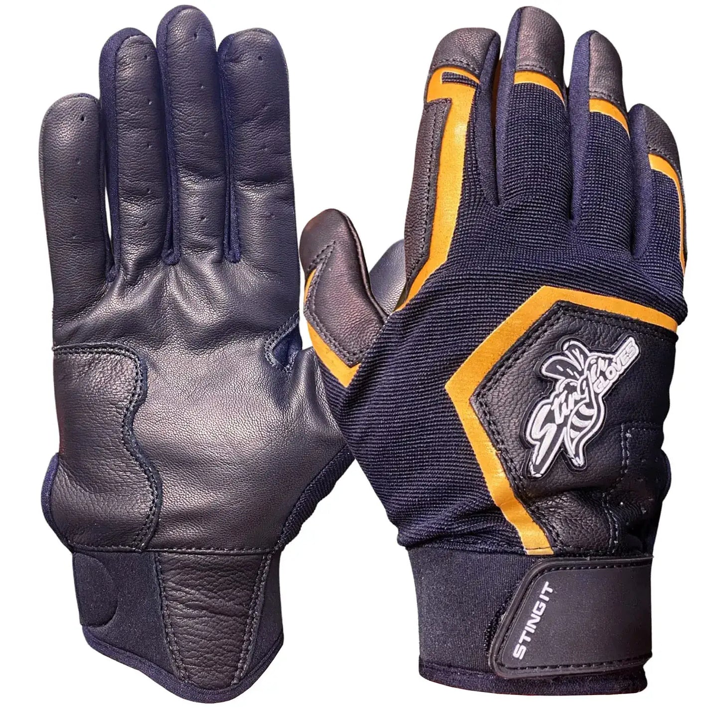 Black and yellow batting gloves with long lasting durability and extreme protection