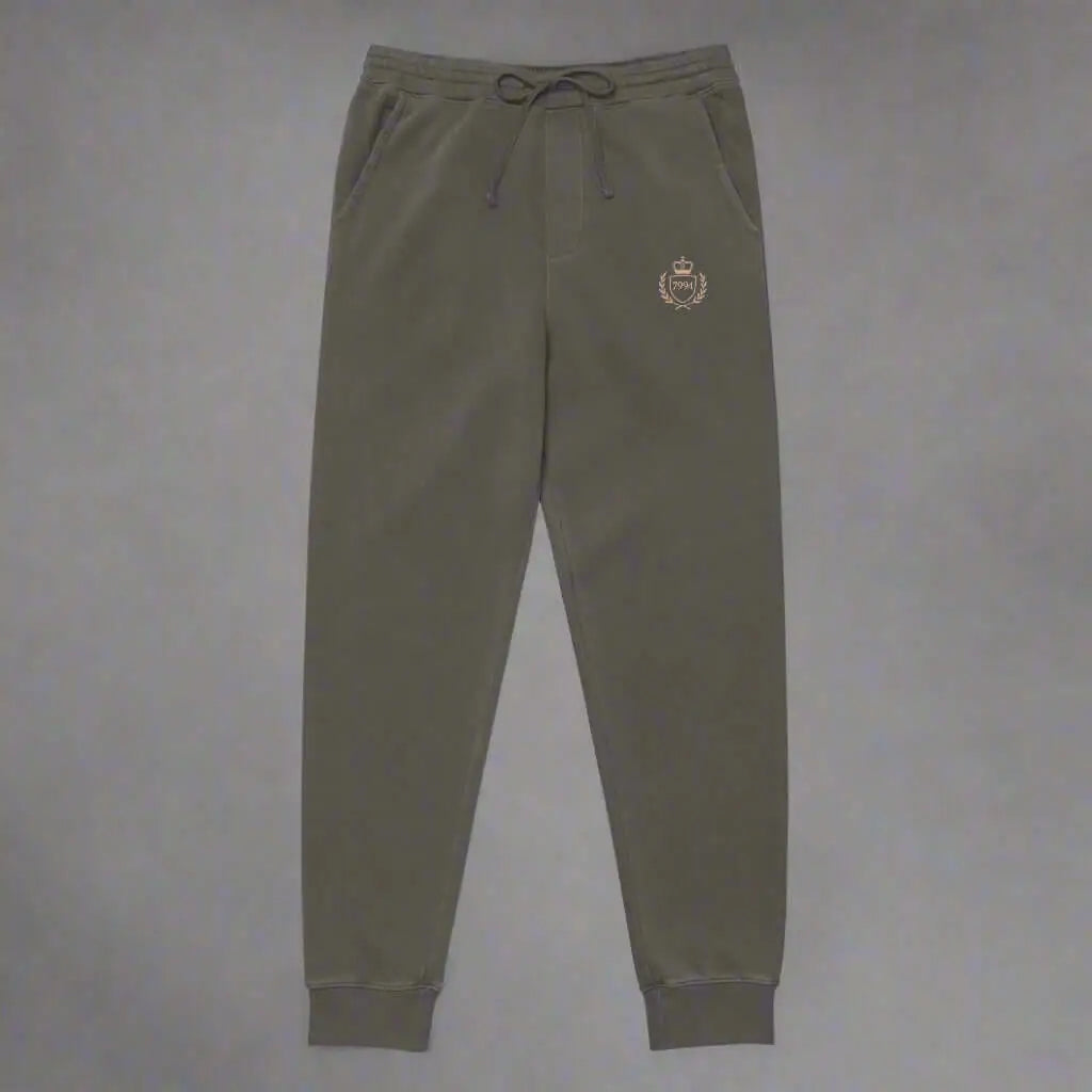 Olive green crested luxe joggers with embroidered crest logo for STORE 7994