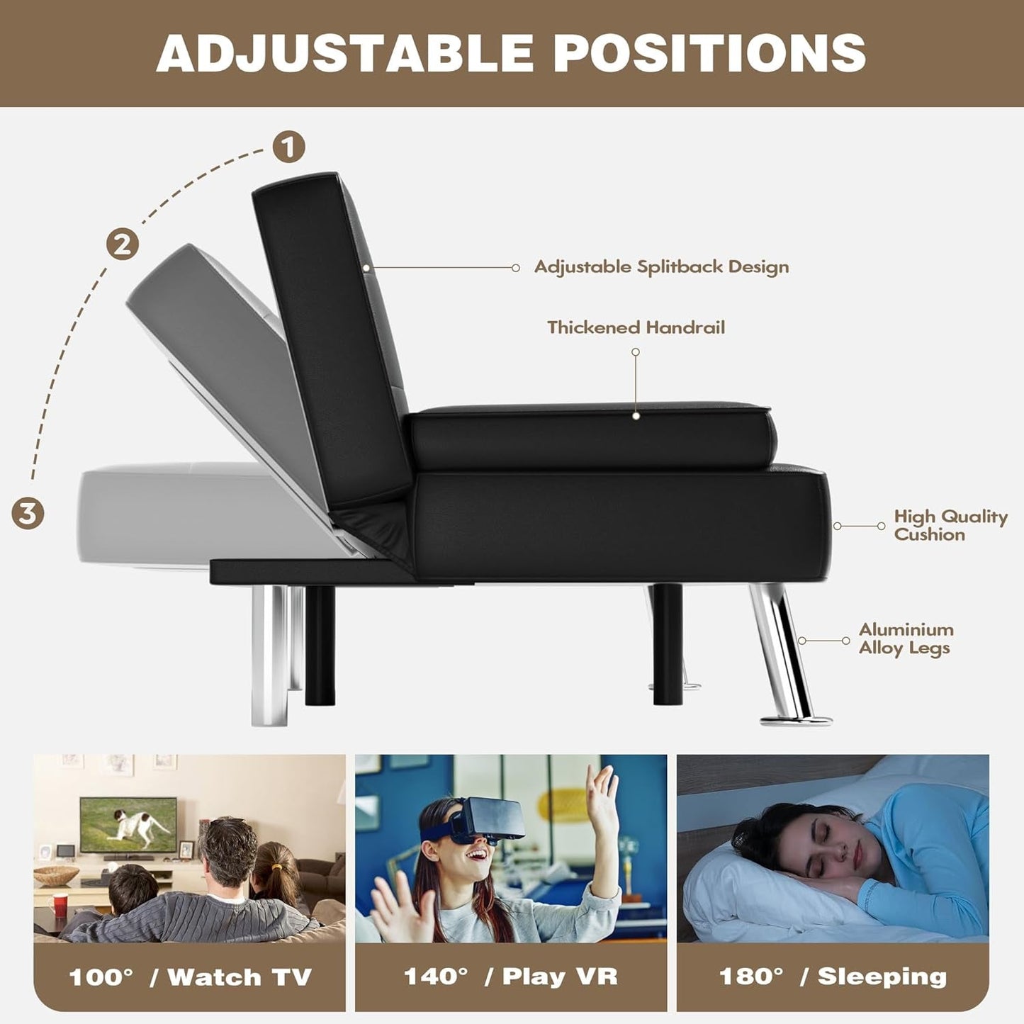 Futon Sofa Bed, Leather Futon Couch with Removable Armrests, Adjustable Recliner Sleeper Sofa Bed with Dual Cup Holders for Living Room, Apartment, Office (Black)-4