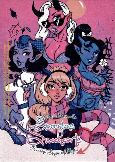 Colorful illustration of diverse female characters on Succubus Sweethearts Sketch Card by Tiffany Peek