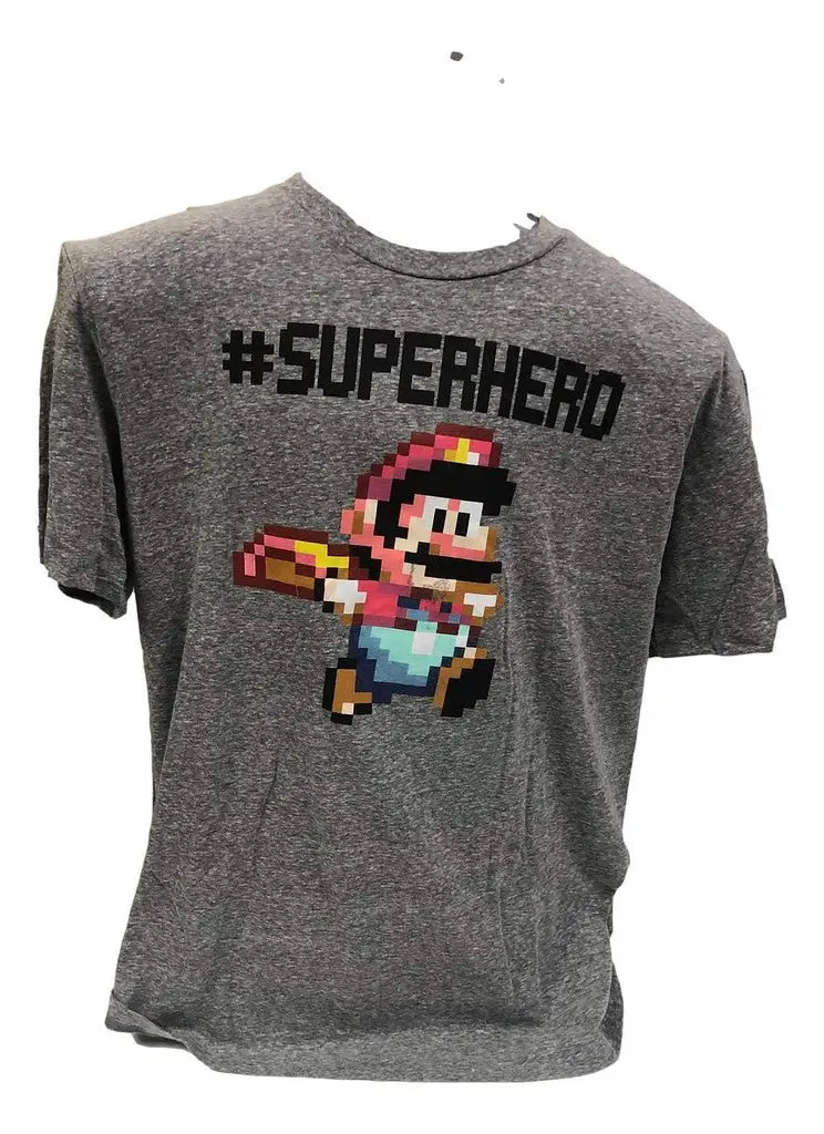 Gray Super Mario Brothers t-shirt with pixelated superhero character and text