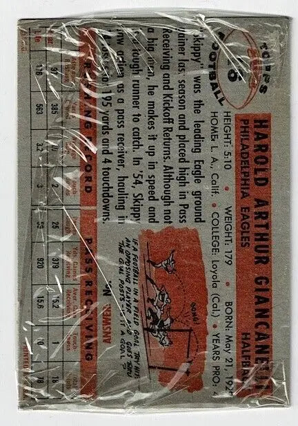 Sealed Harold Arthur Giancanelli football card from super rare 1956 Topps trading cards