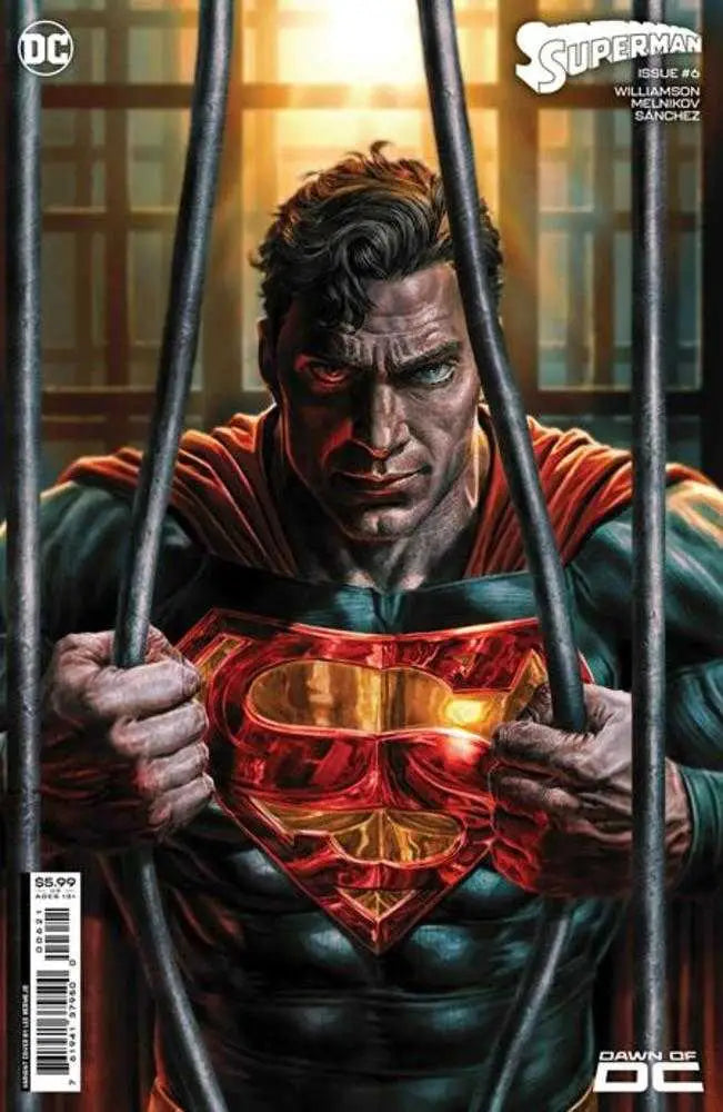 Superhero in red cape gripping prison bars on Superman #6 Lee Bermejo Card Stock Variant