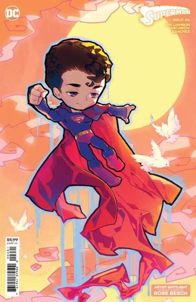 Chibi-style Superman with red cape in Superman #6 Creator Card trading card variant