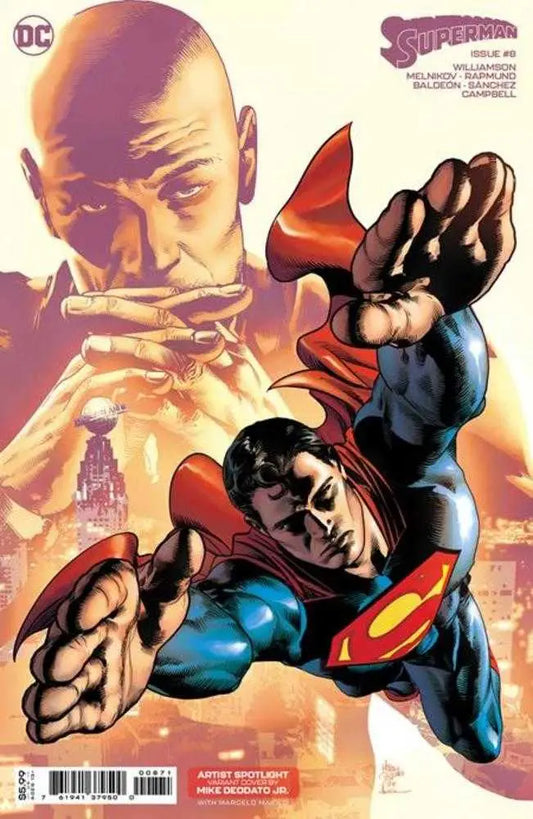 Superman flies dynamically with Lex Luthor in the background, perfect for trading cards