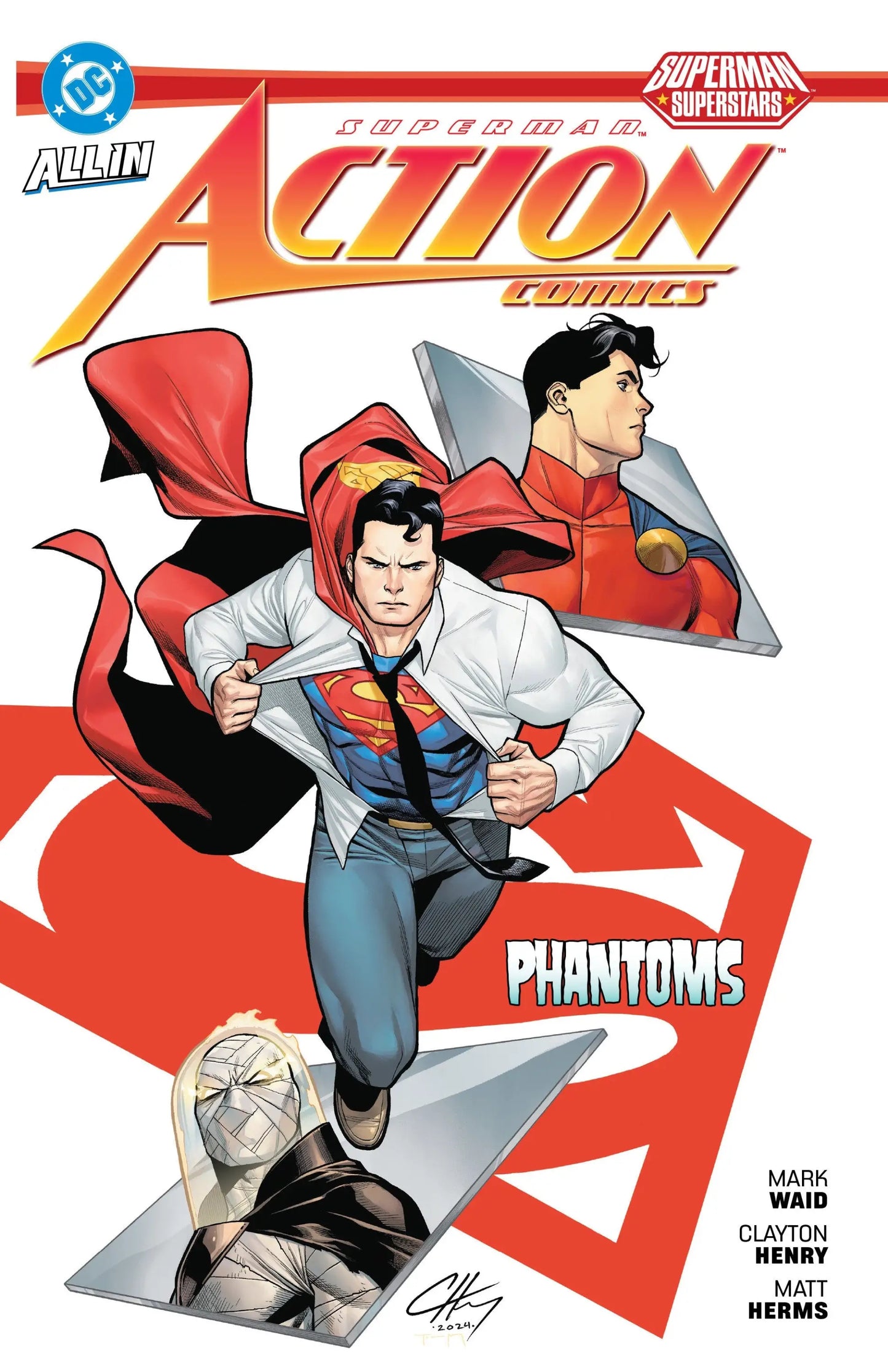 Superman comic book cover from Action Comics titled Phantoms, featuring Superman in action
