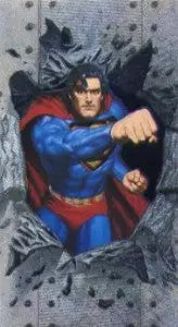 Superhero in blue suit and red cape bursts through surface on Spectra Etch card