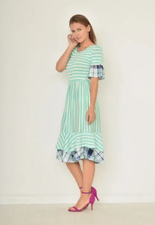 Sweet Gingham Layered Day Dress in mint green and white with ruffled plaid sleeves