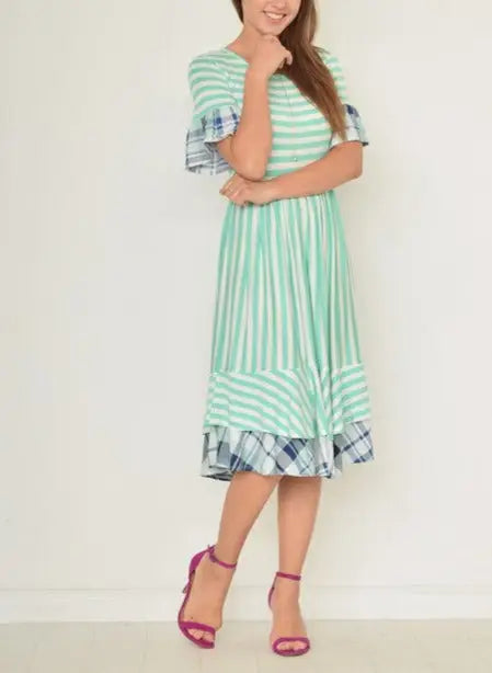 Sweet Gingham Layered Day Dress USA with mint green stripes, ruffle sleeves, and pink heels