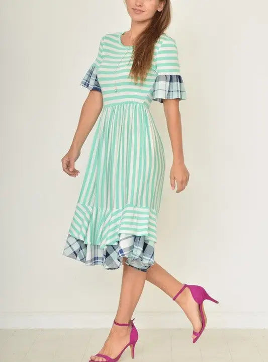 Mint green and white striped layered day dress with ruffled plaid cuffs and hem