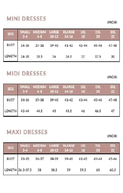 Dress size charts with bust and length measurements for Sweet Gingham Layered Day Dress USA