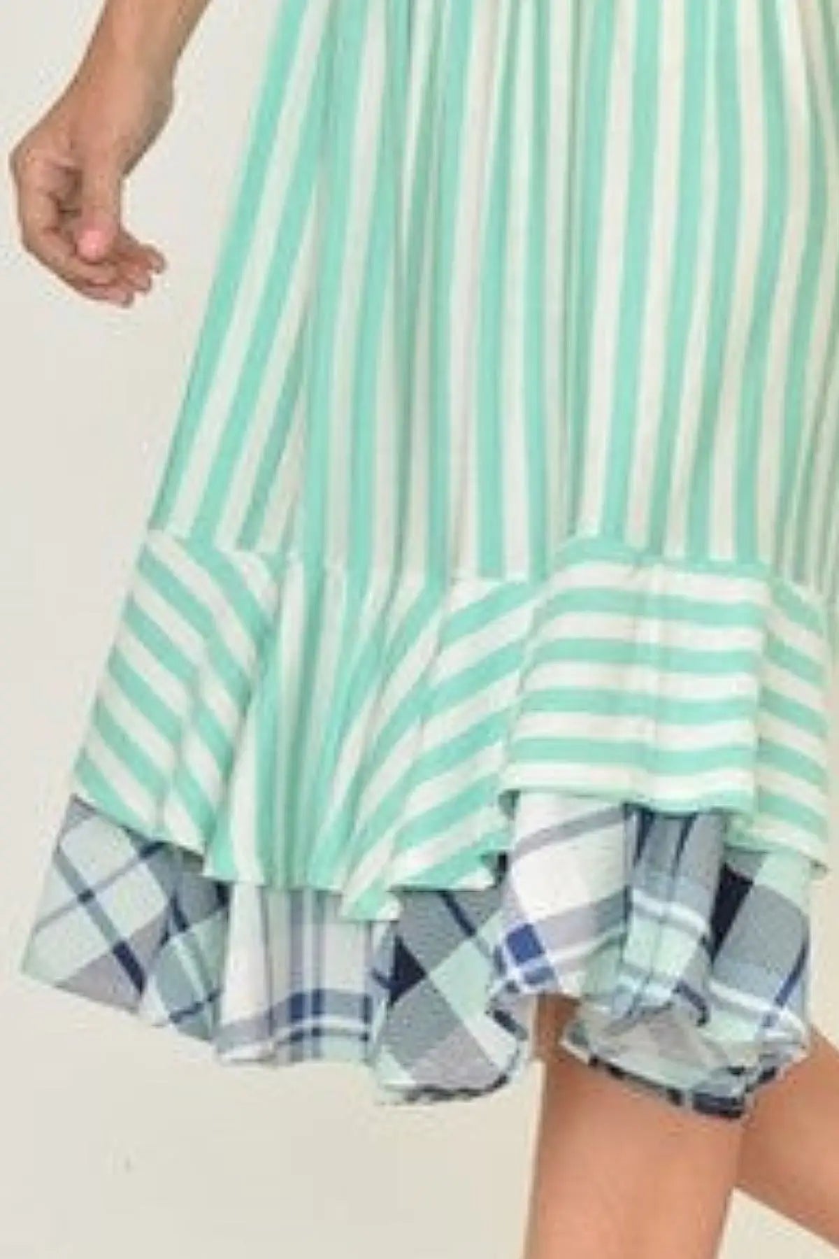 Sweet Gingham Layered Day Dress in mint green, white, and blue with ruffle details