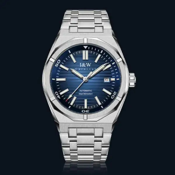 Men’s stainless steel automatic mechanical watch with blue dial and date display, Japan MIYOTA movement