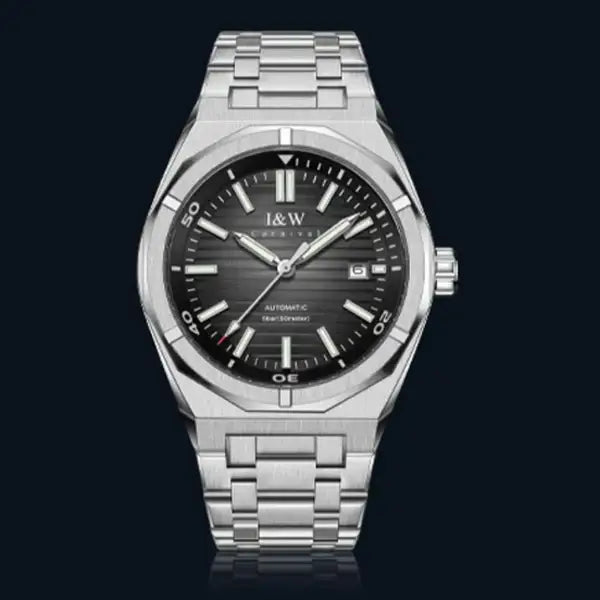 Silver-toned stainless steel automatic mechanical watch with dark gray dial and luminous features